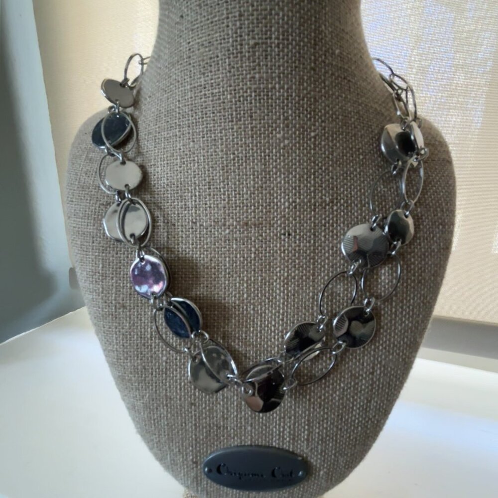 Chico’s Long Silver Tone Disc Necklace 20” Drop Statement